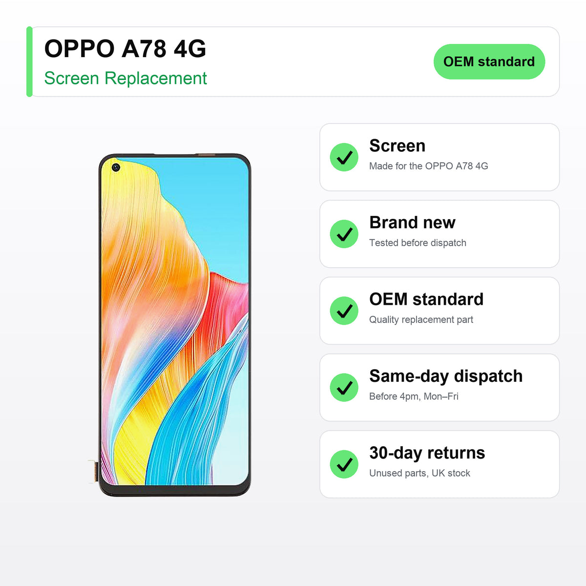 OPPO A78 4G screen key facts: brand new, tested, same-day UK dispatch
