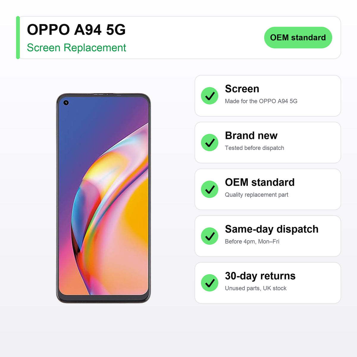 OPPO A94 5G screen key facts: brand new, tested, same-day UK dispatch