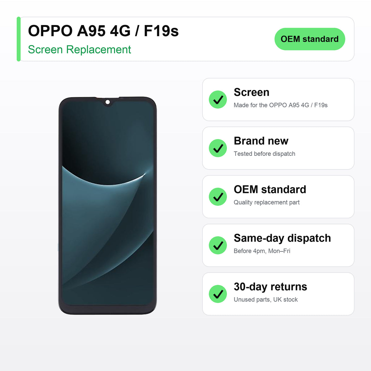 OPPO A95 4G / F19s screen key facts: brand new, tested, same-day UK dispatch