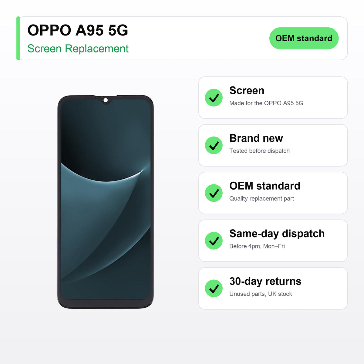 OPPO A95 5G screen key facts: brand new, tested, same-day UK dispatch