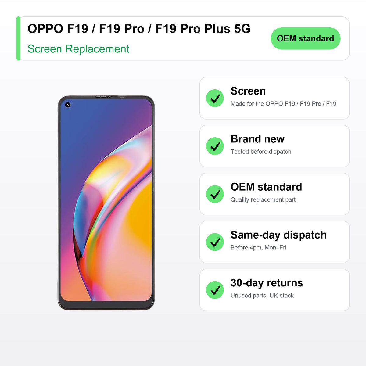 OPPO F19 / F19 Pro / F19 Pro Plus 5G screen key facts: brand new, tested, same-day UK dispatch