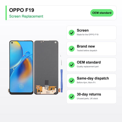 OPPO F19 screen key facts: brand new, tested, same-day UK dispatch