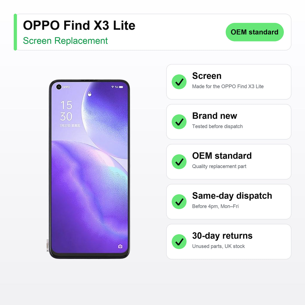 OPPO Find X3 Lite screen key facts: brand new, tested, same-day UK dispatch