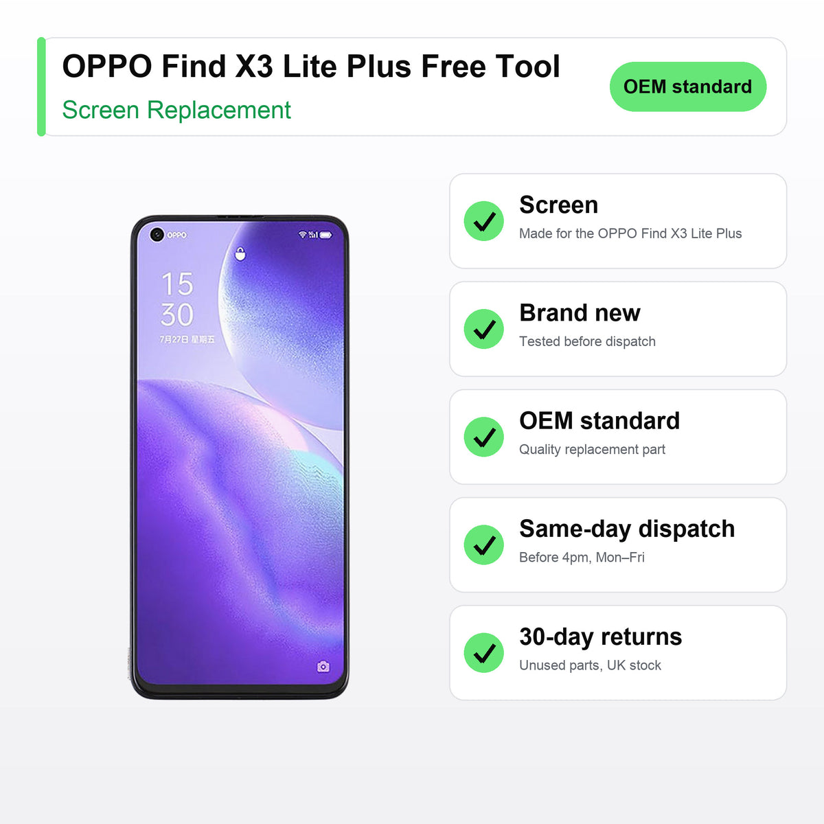 OPPO Find X3 Lite Plus Free Tool screen key facts: brand new, tested, same-day UK dispatch