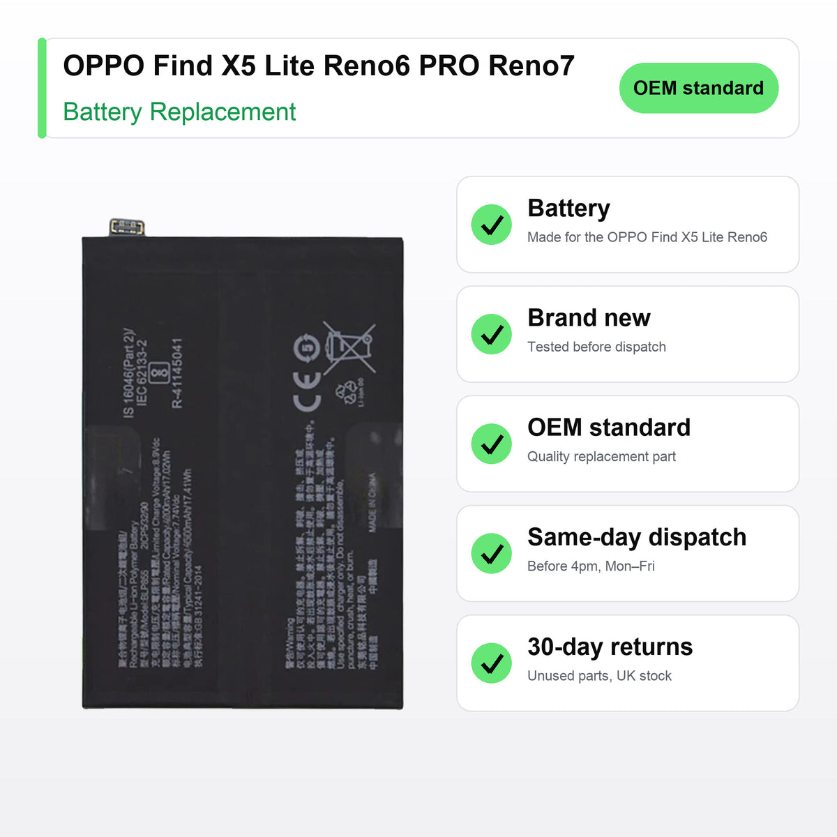 OPPO Find X5 Lite Reno6 PRO Reno7 Reno8 Reno8 Lite BLP855 battery key facts: brand new, tested, same-day UK dispatch