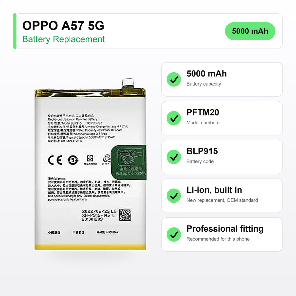 OPPO A57 5G battery replacement specs: 5000 mAh, PFTM20, BLP915