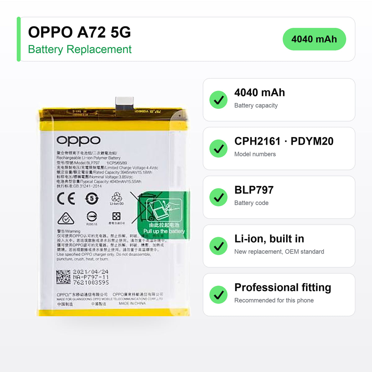 OPPO A72 5G battery replacement specs: 4040 mAh, CPH2161 · PDYM20, BLP797