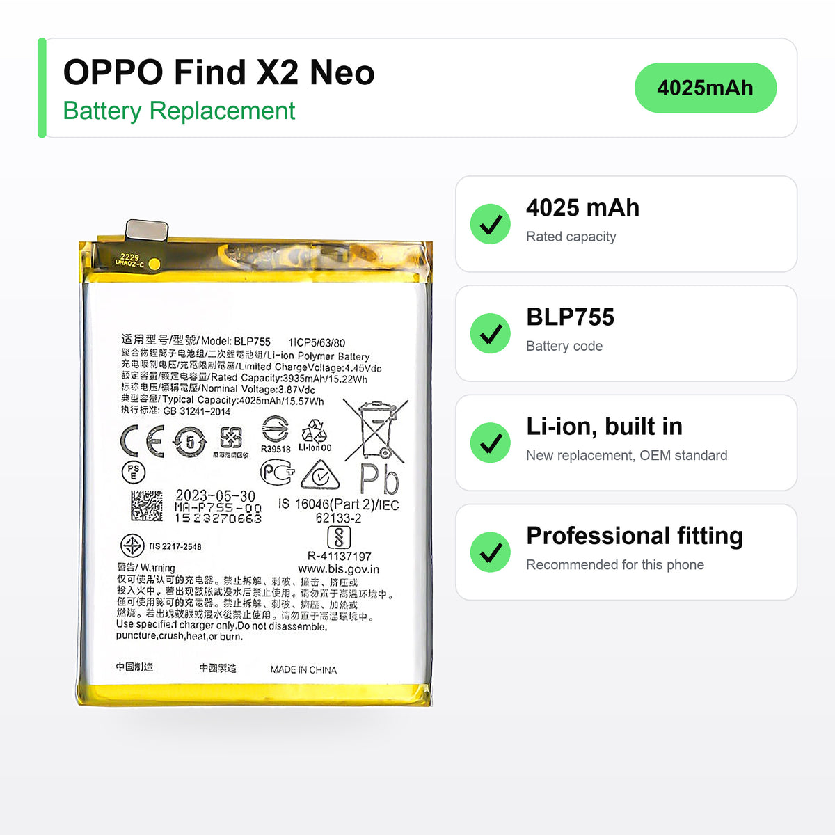 OPPO Find X2 Neo / OPPO Find X2 Lite / OPPO Reno3 Pro / OPPO Reno3 5G battery replacement specs: 4025 mAh, BLP755