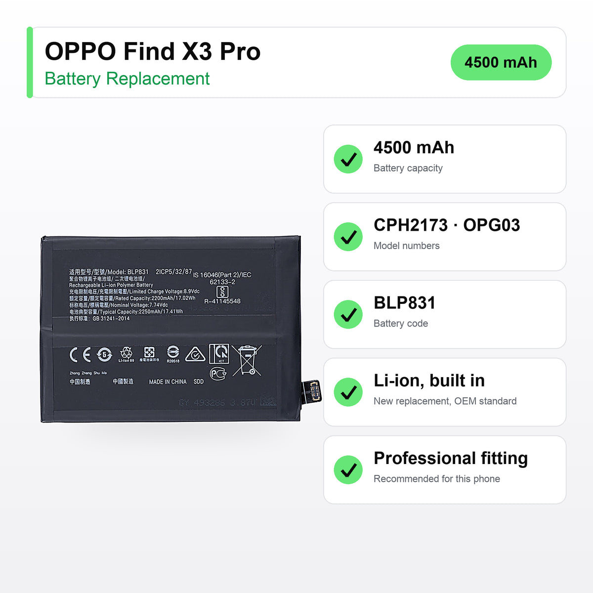 OPPO Find X3 Pro battery replacement specs: 4500 mAh, CPH2173, BLP831