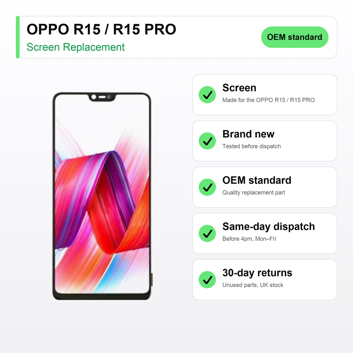 OPPO R15 / R15 PRO screen key facts: brand new, tested, same-day UK dispatch