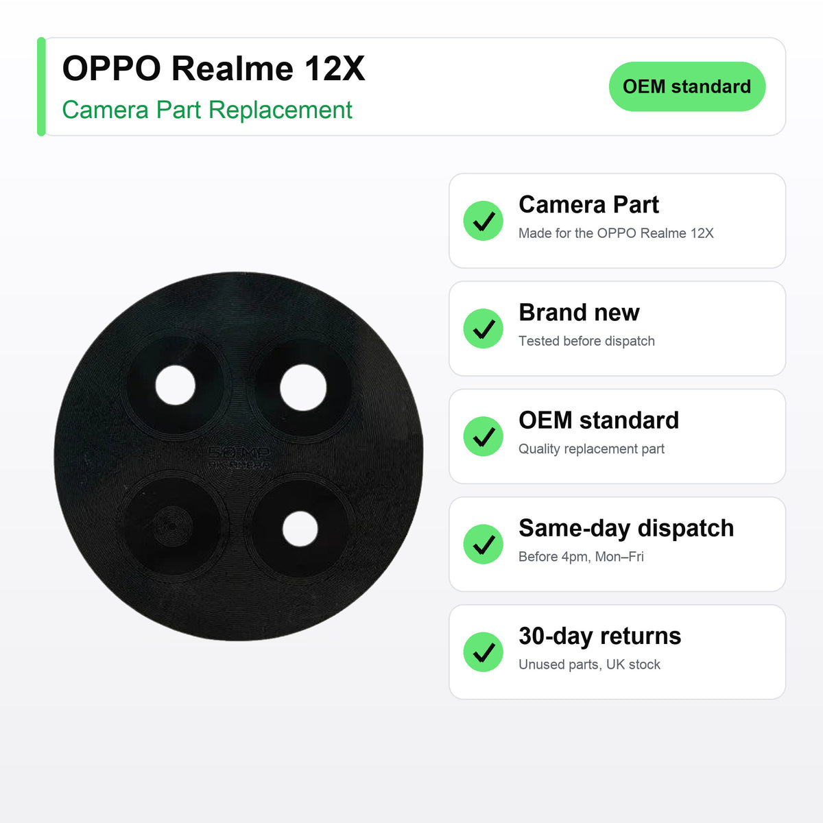 OPPO Realme 12X camera lens key facts: brand new, tested, same-day UK dispatch