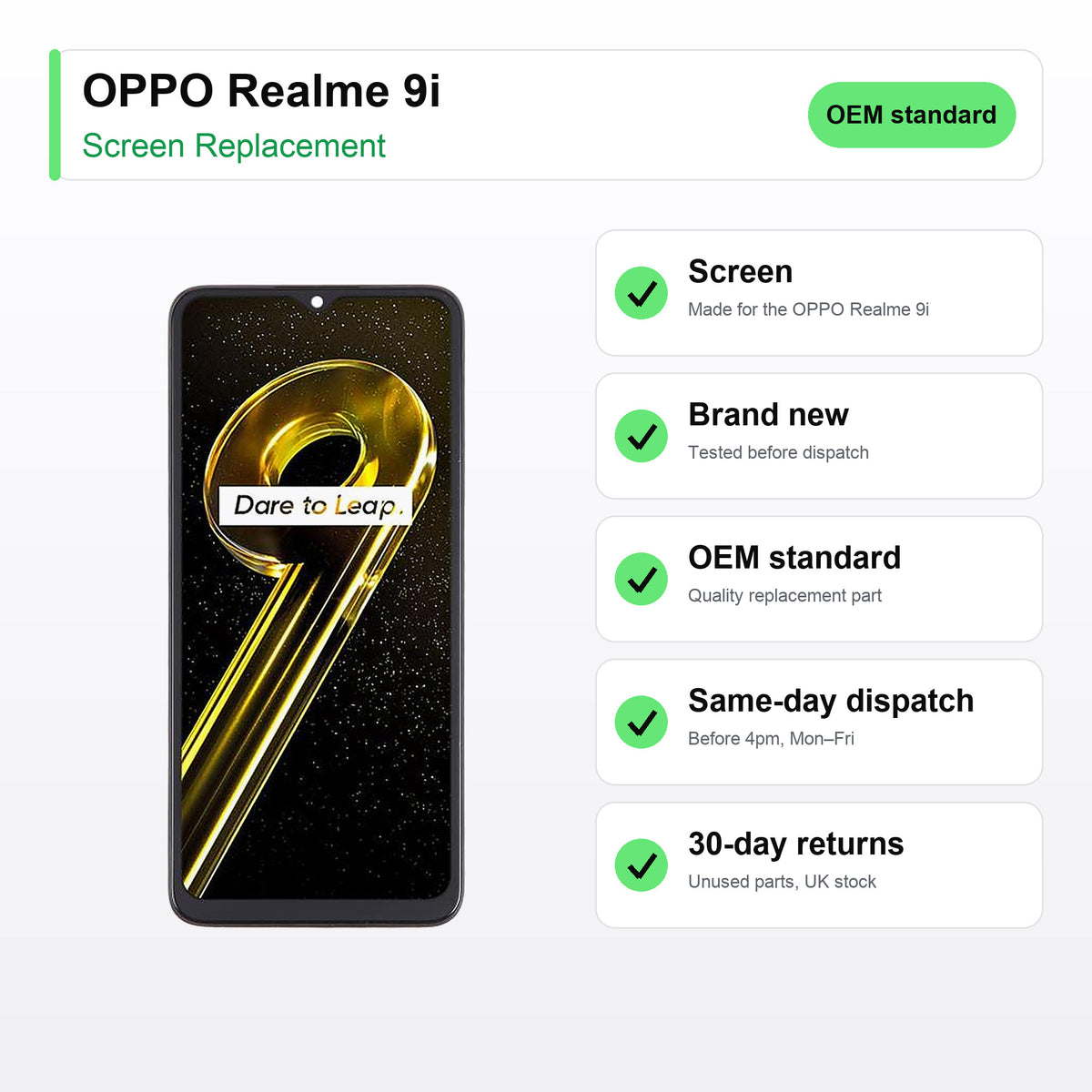 OPPO Realme 9i screen key facts: brand new, tested, same-day UK dispatch