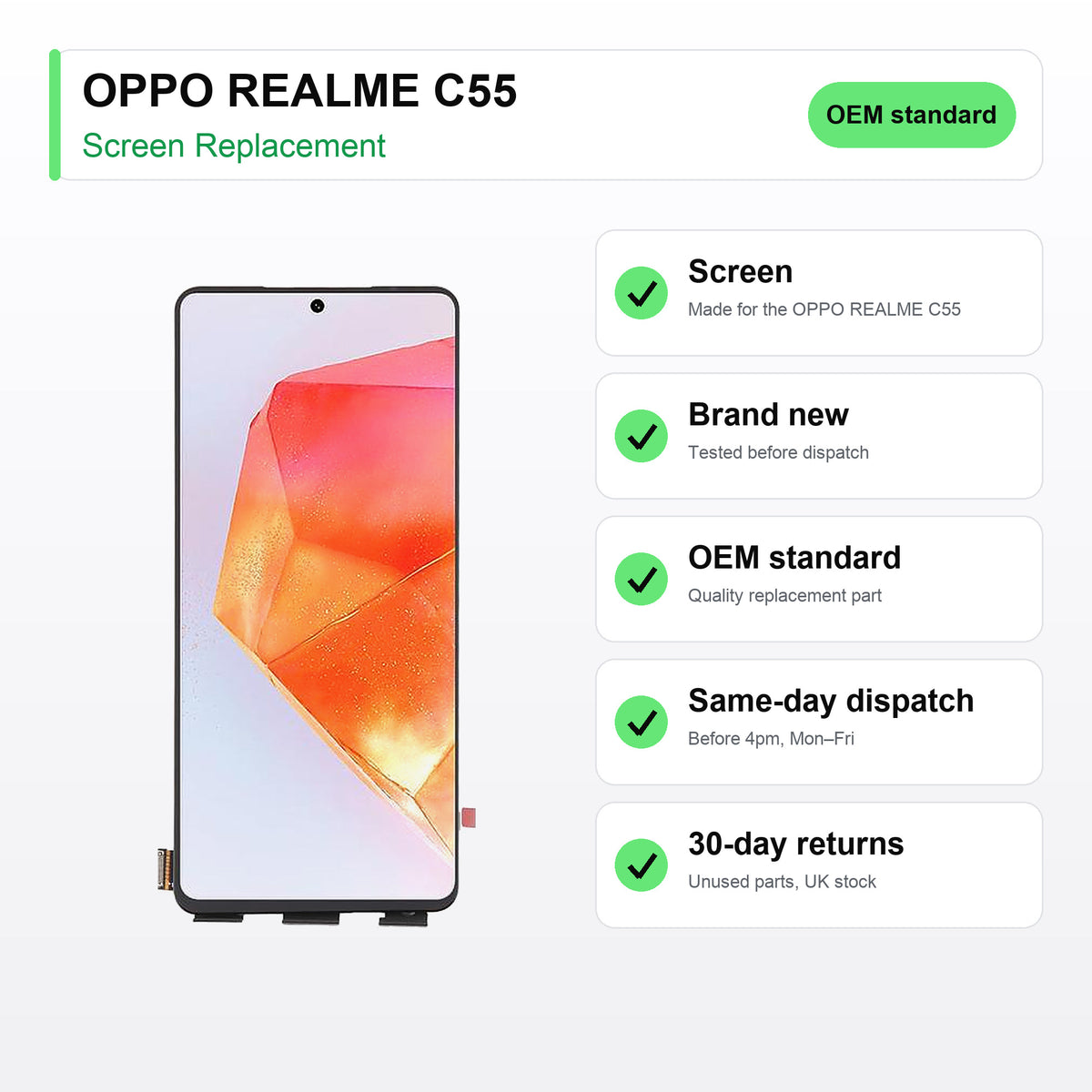 OPPO REALME C55 screen key facts: brand new, tested, same-day UK dispatch