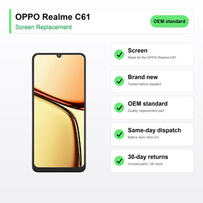OPPO Realme C61 screen key facts: brand new, tested, same-day UK dispatch