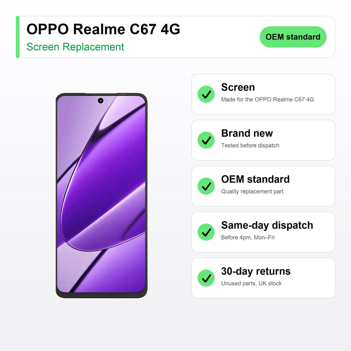 OPPO Realme C67 4G screen key facts: brand new, tested, same-day UK dispatch
