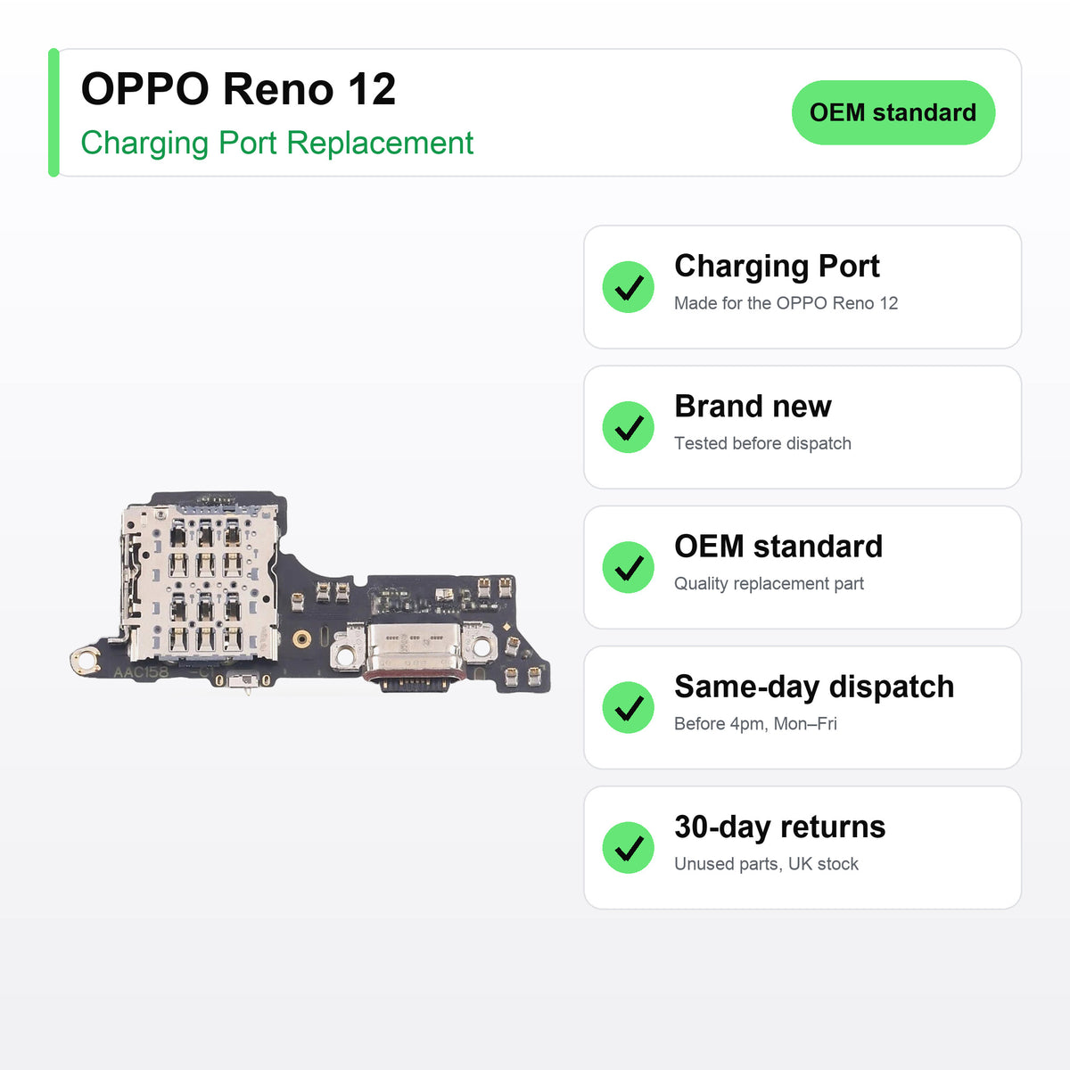 OPPO Reno 12 charging port key facts: brand new, tested, same-day UK dispatch