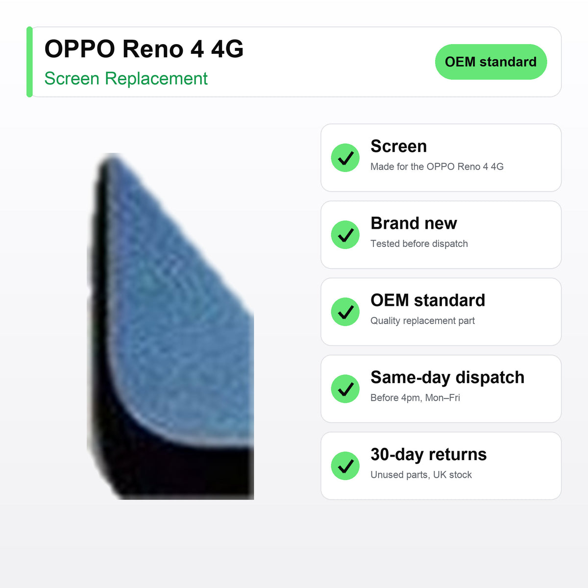 OPPO Reno 4 4G screen key facts: brand new, tested, same-day UK dispatch