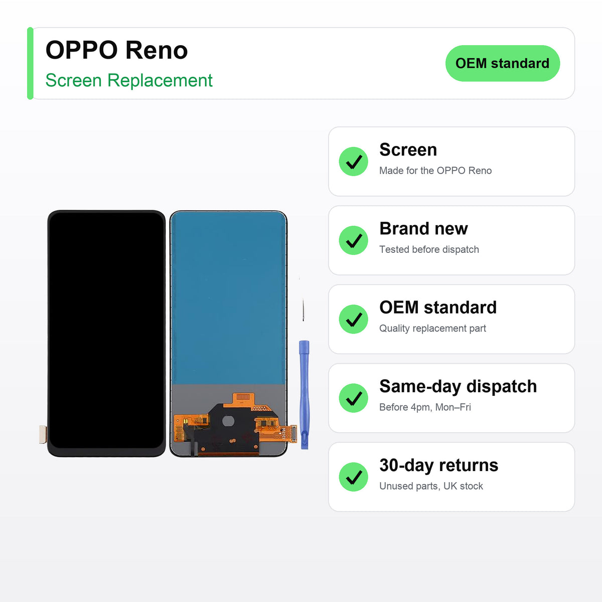 OPPO Reno screen key facts: brand new, tested, same-day UK dispatch