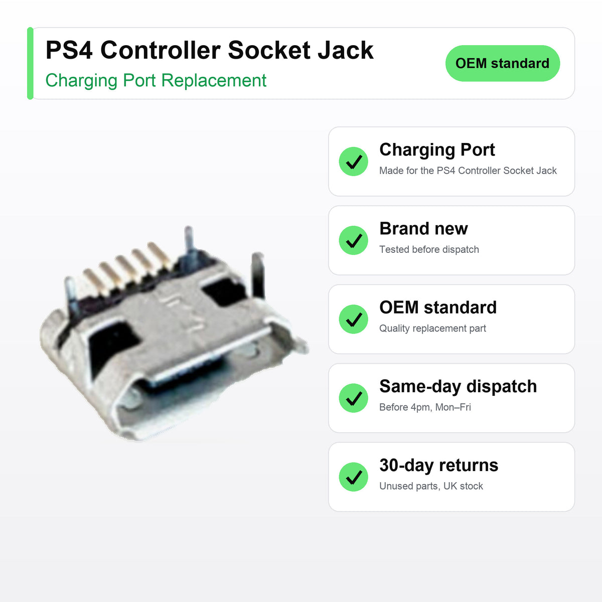 PS4 Controller Socket Jack charging port key facts: brand new, tested, same-day UK dispatch