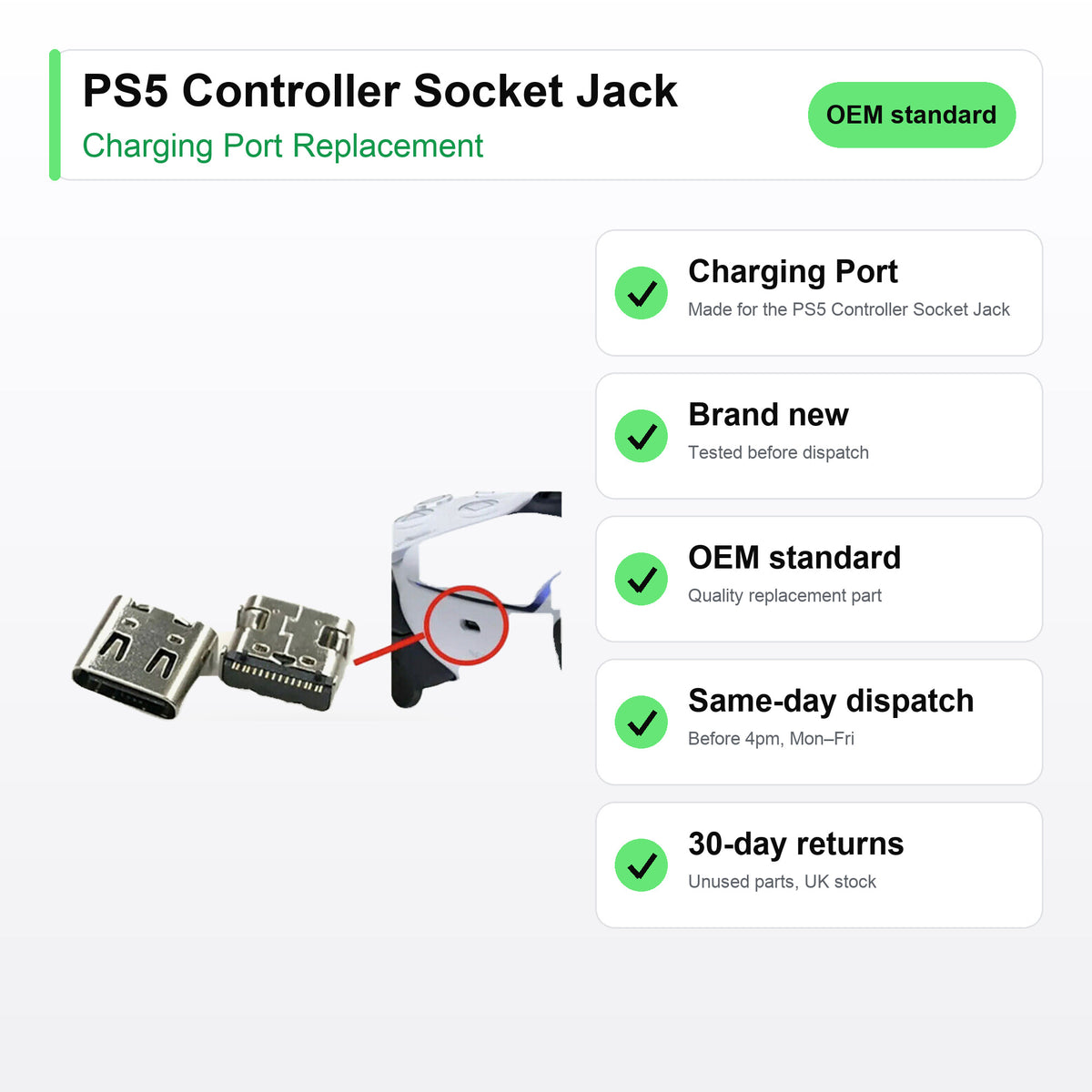 PS5 Controller Socket Jack charging port key facts: brand new, tested, same-day UK dispatch