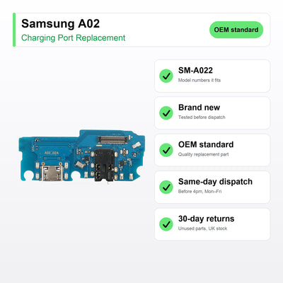 Samsung A02 charging port key facts: brand new, tested, same-day UK dispatch