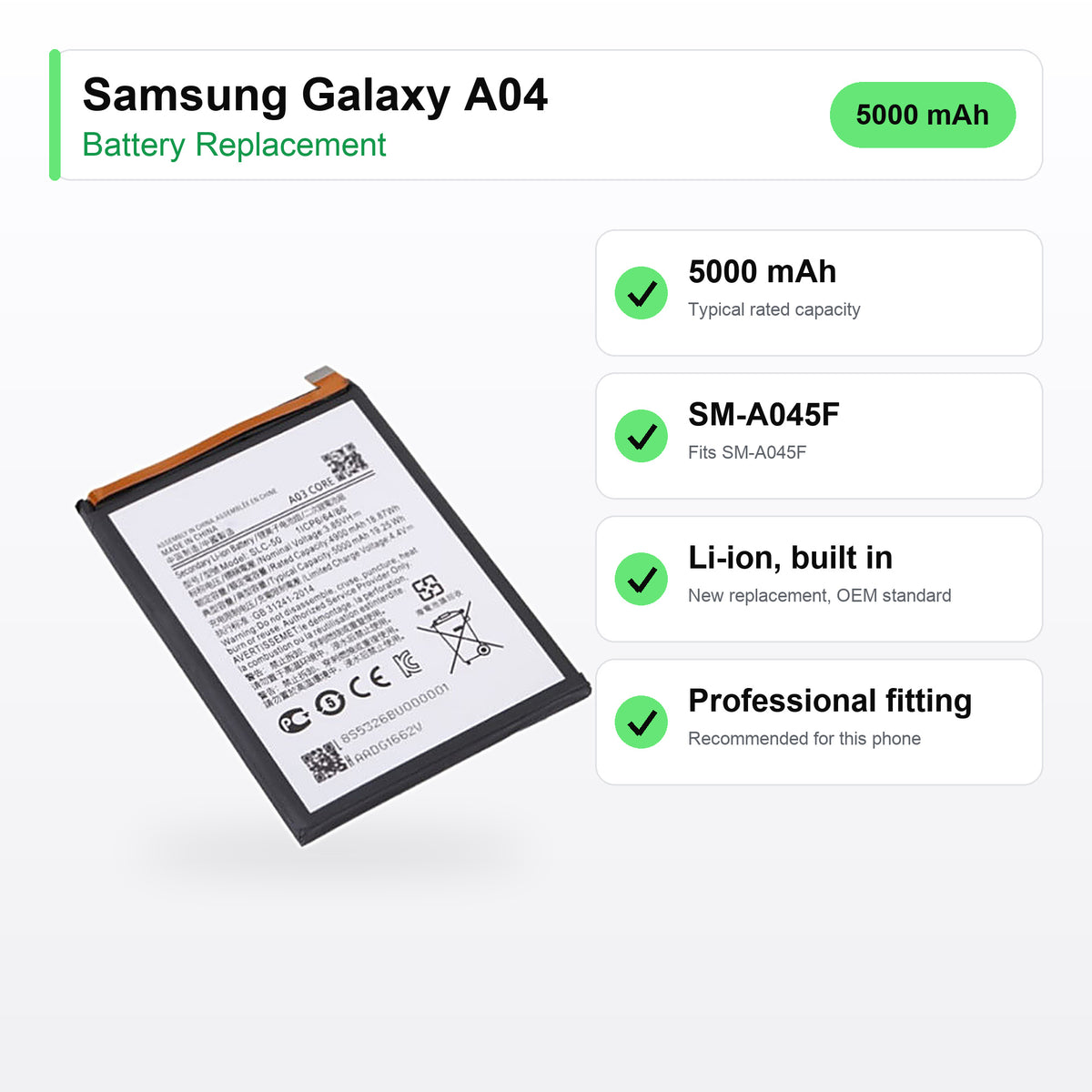 Samsung Galaxy A04 battery replacement specs: 5000 mAh, SM-A045F