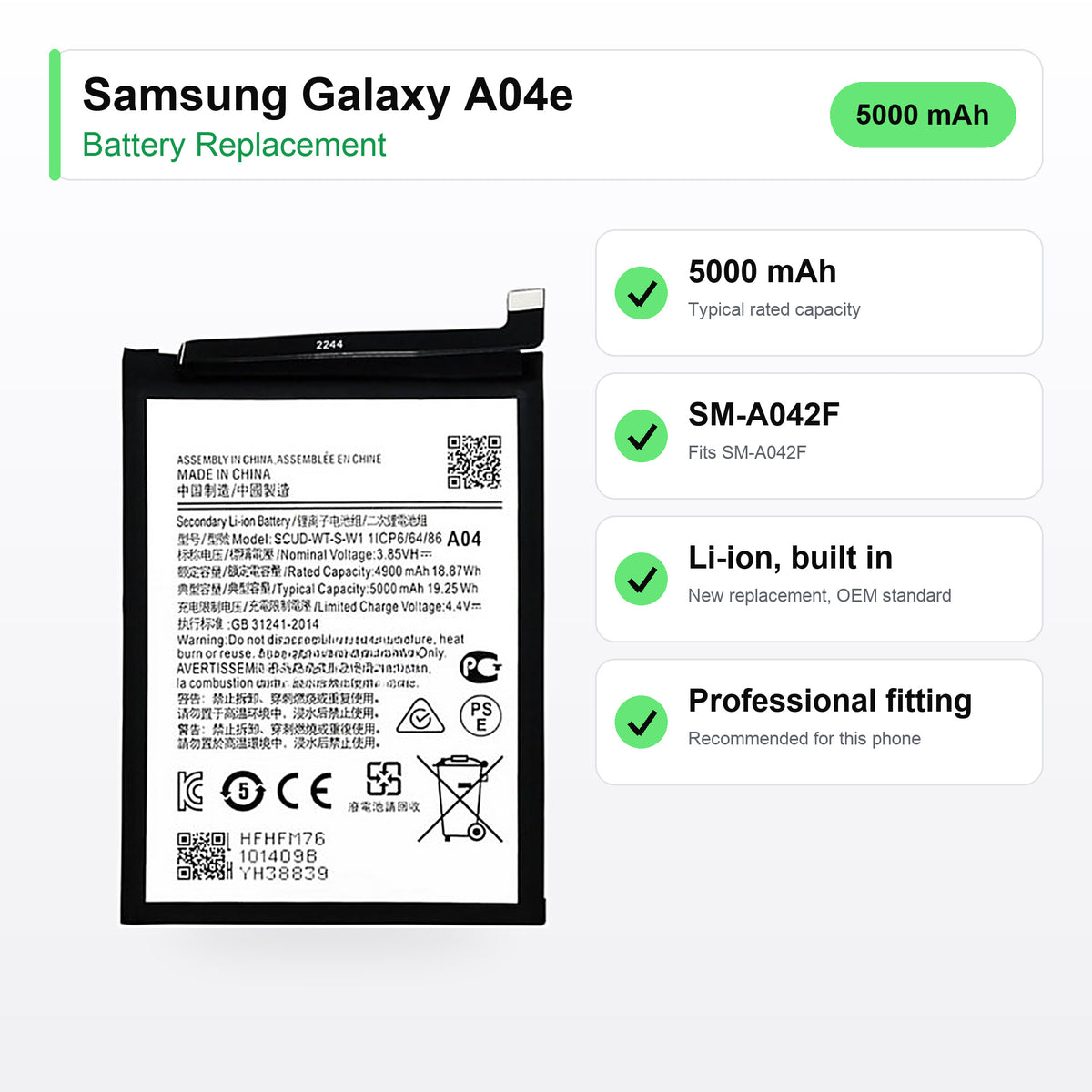 Samsung Galaxy A04e battery replacement specs: 5000 mAh, SM-A042F