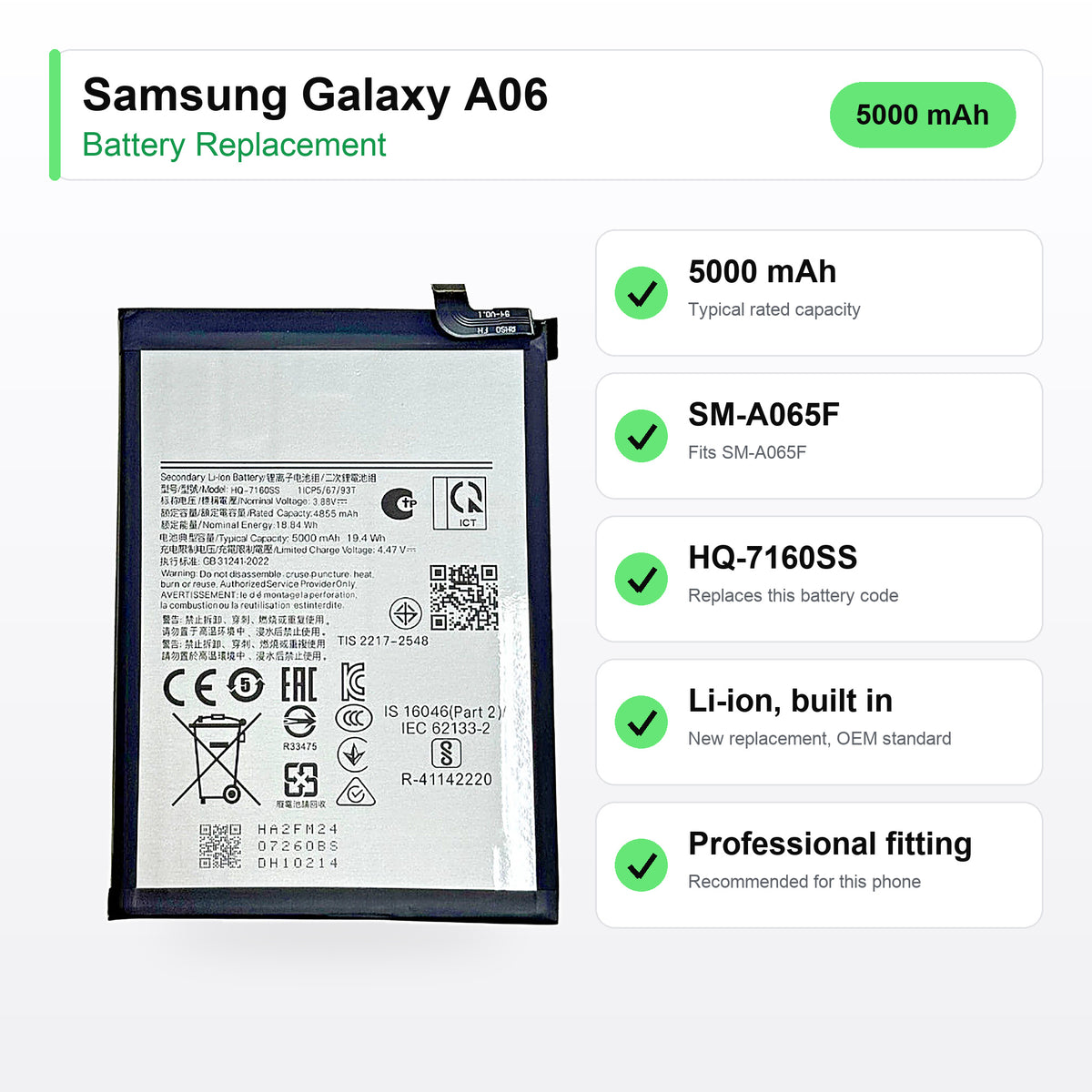 Samsung Galaxy A06 battery replacement specs: 5000 mAh, SM-A065F, HQ-7160SS