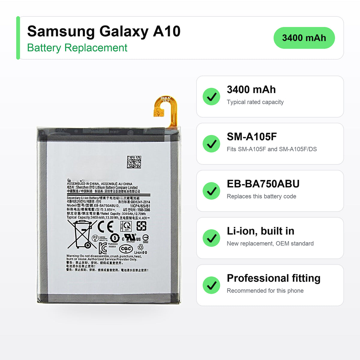 Samsung Galaxy A10 battery replacement specs: 3400 mAh, SM-A105F, EB-BA750ABU