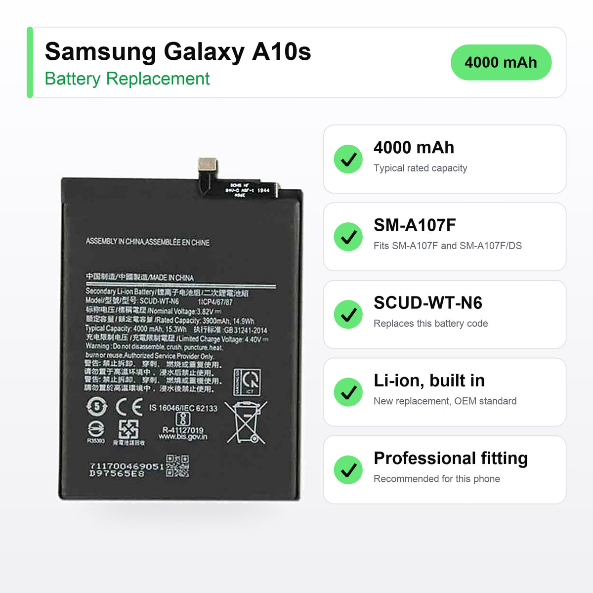 Samsung Galaxy A10s battery replacement specs: 4000 mAh, SM-A107F, SCUD-WT-N6