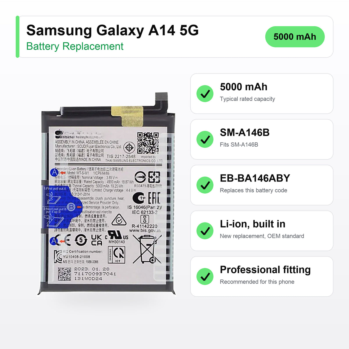 Samsung Galaxy A14 5G battery replacement specs: 5000 mAh, SM-A146B, EB-BA146ABY