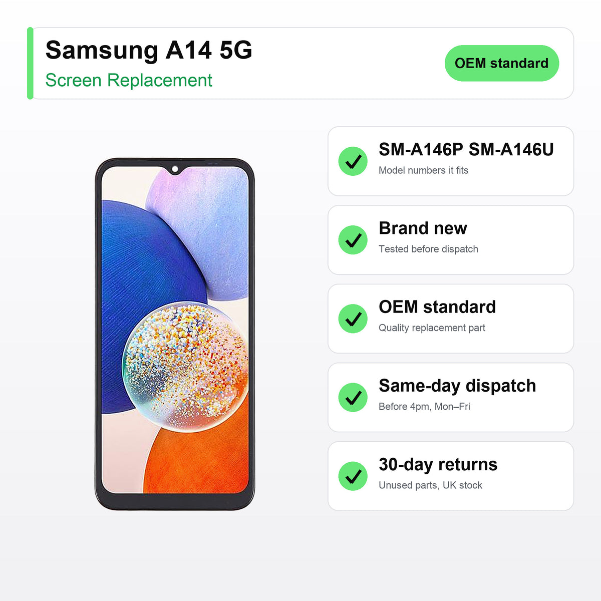 Samsung A14 5G screen key facts: brand new, tested, same-day UK dispatch