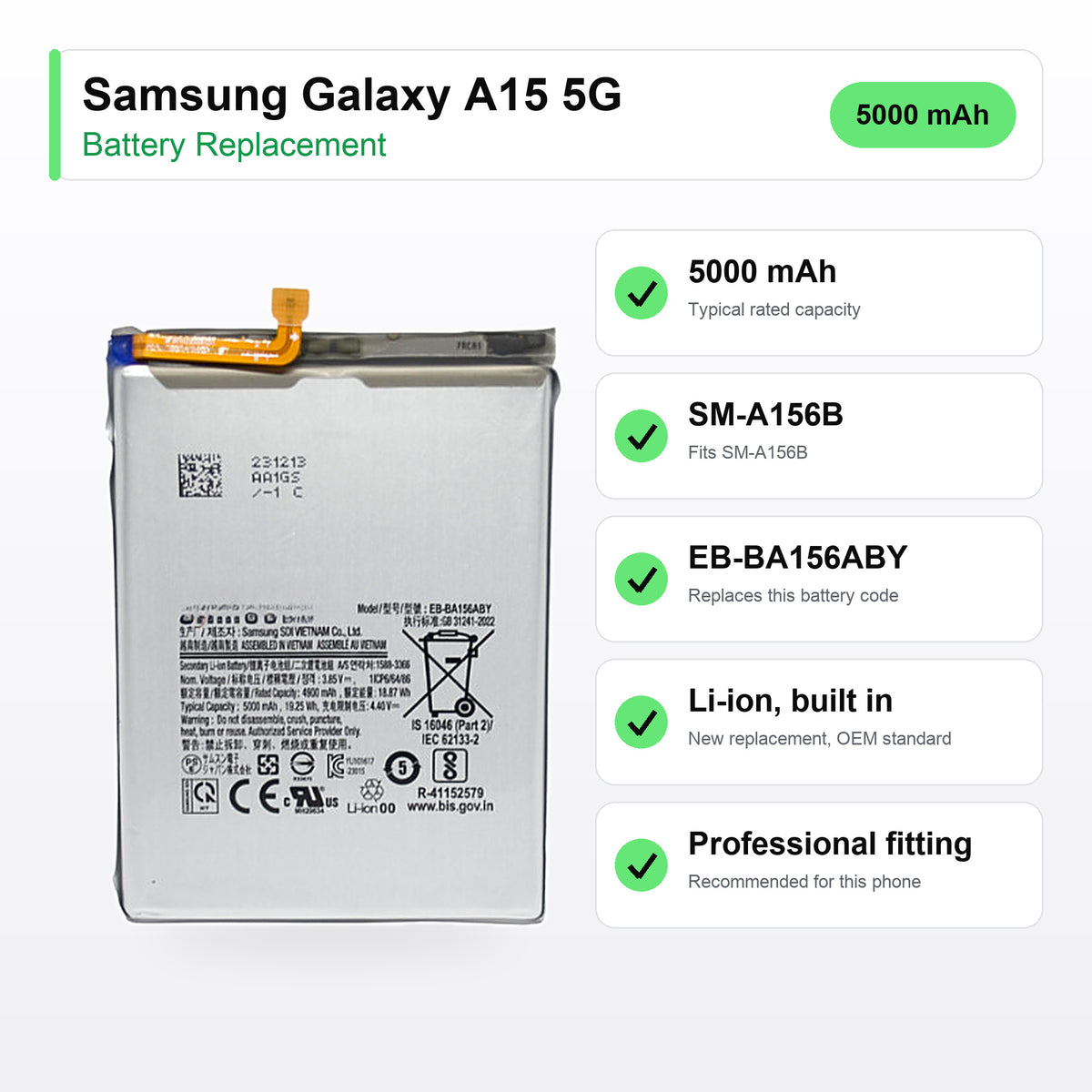 Samsung Galaxy A15 5G battery replacement specs: 5000 mAh, SM-A156B, EB-BA156ABY