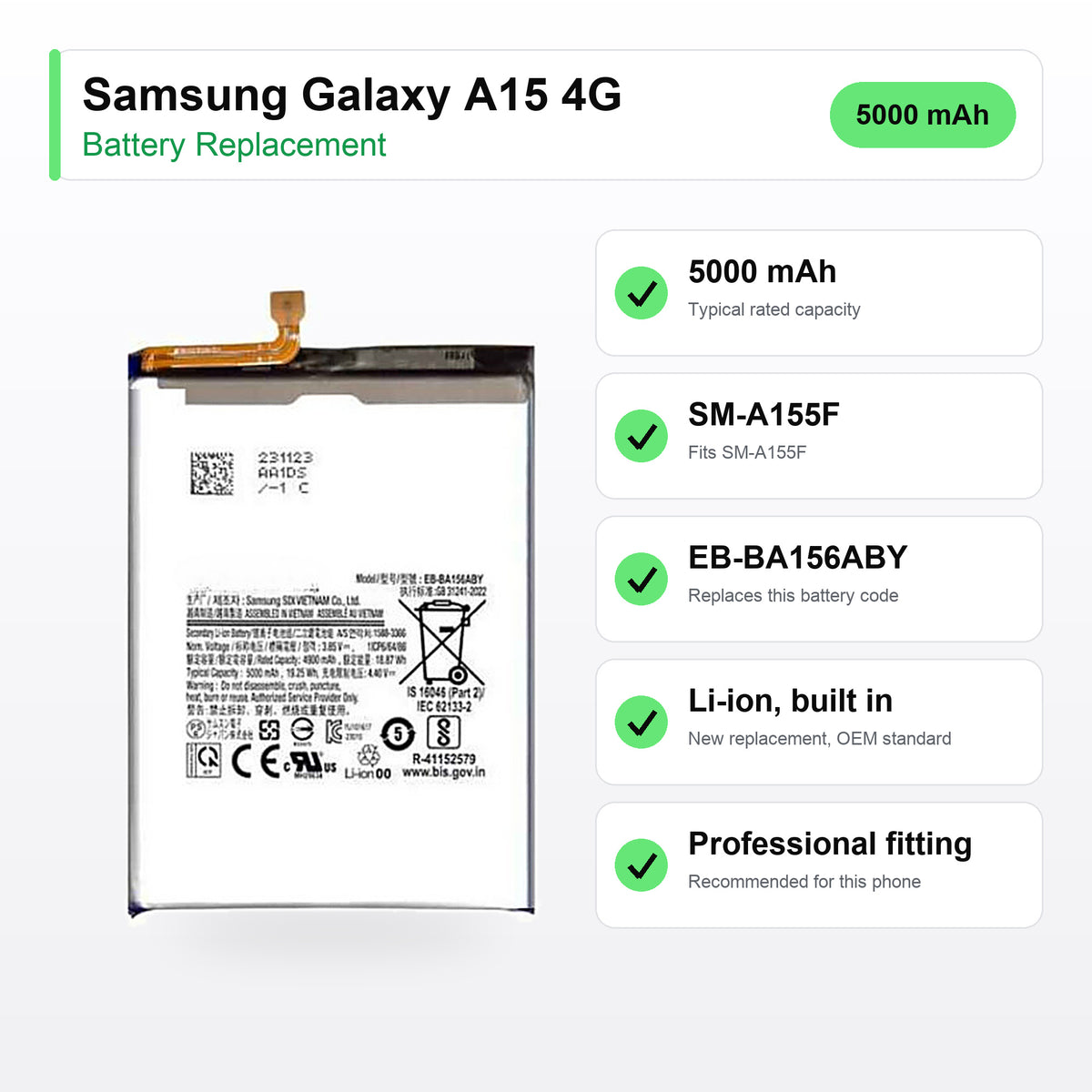 Samsung Galaxy A15 4G battery replacement specs: 5000 mAh, SM-A155F, EB-BA156ABY