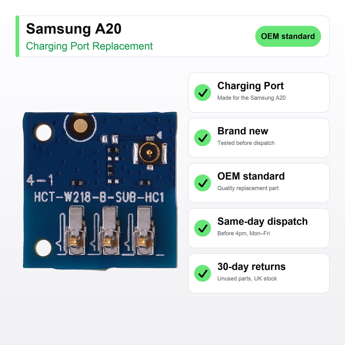Samsung A20 charging port key facts: brand new, tested, same-day UK dispatch