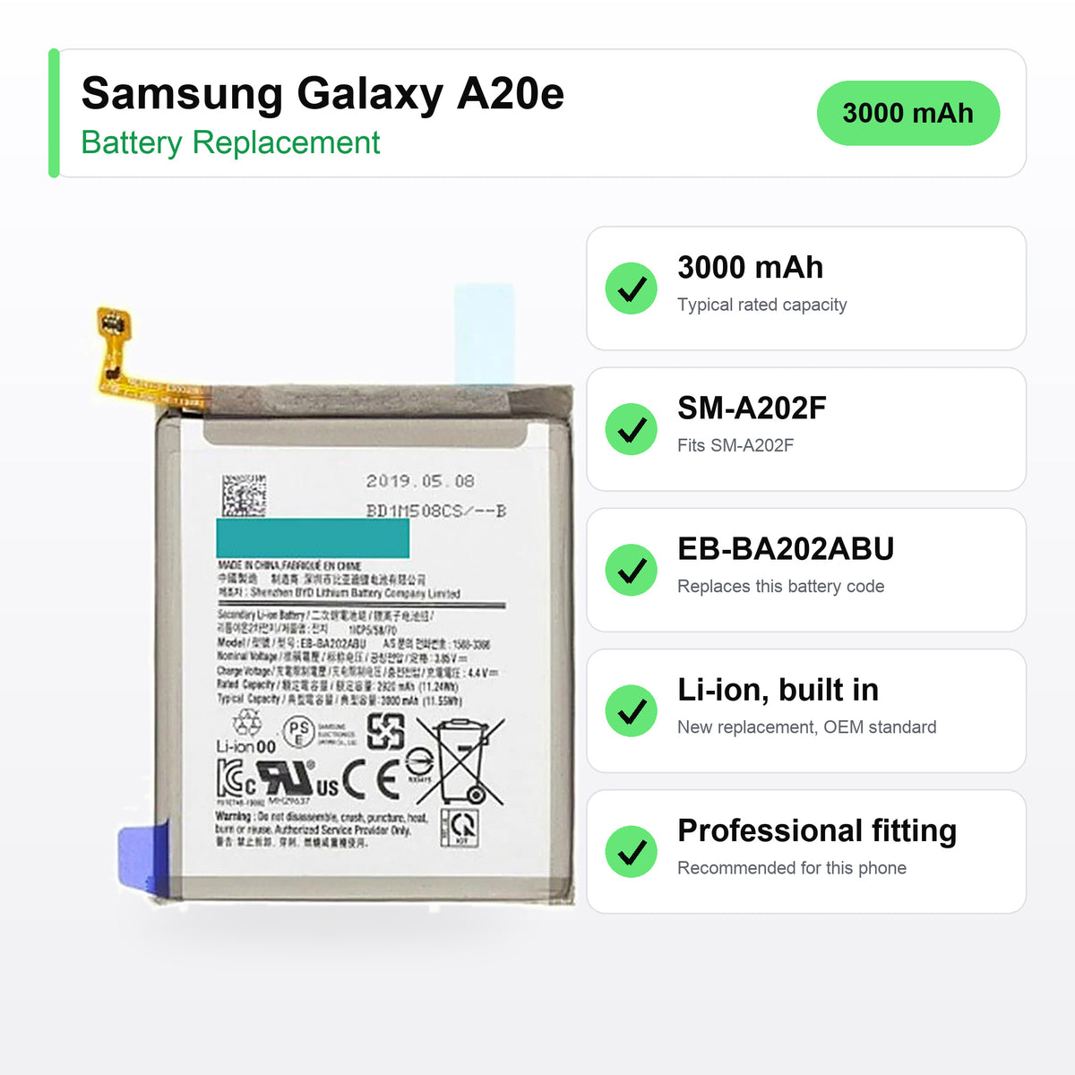 Samsung Galaxy A20e battery replacement specs: 3000 mAh, SM-A202F, EB-BA202ABU
