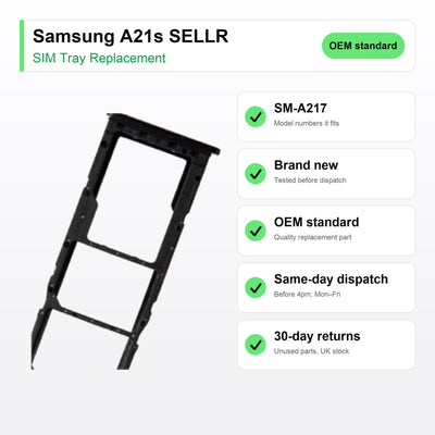 Samsung A21s SELLR SIM tray key facts: brand new, tested, same-day UK dispatch