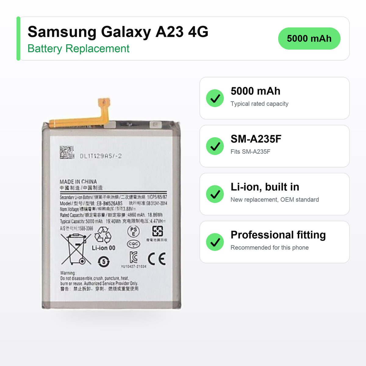 Samsung Galaxy A23 4G battery replacement specs: 5000 mAh, SM-A235F