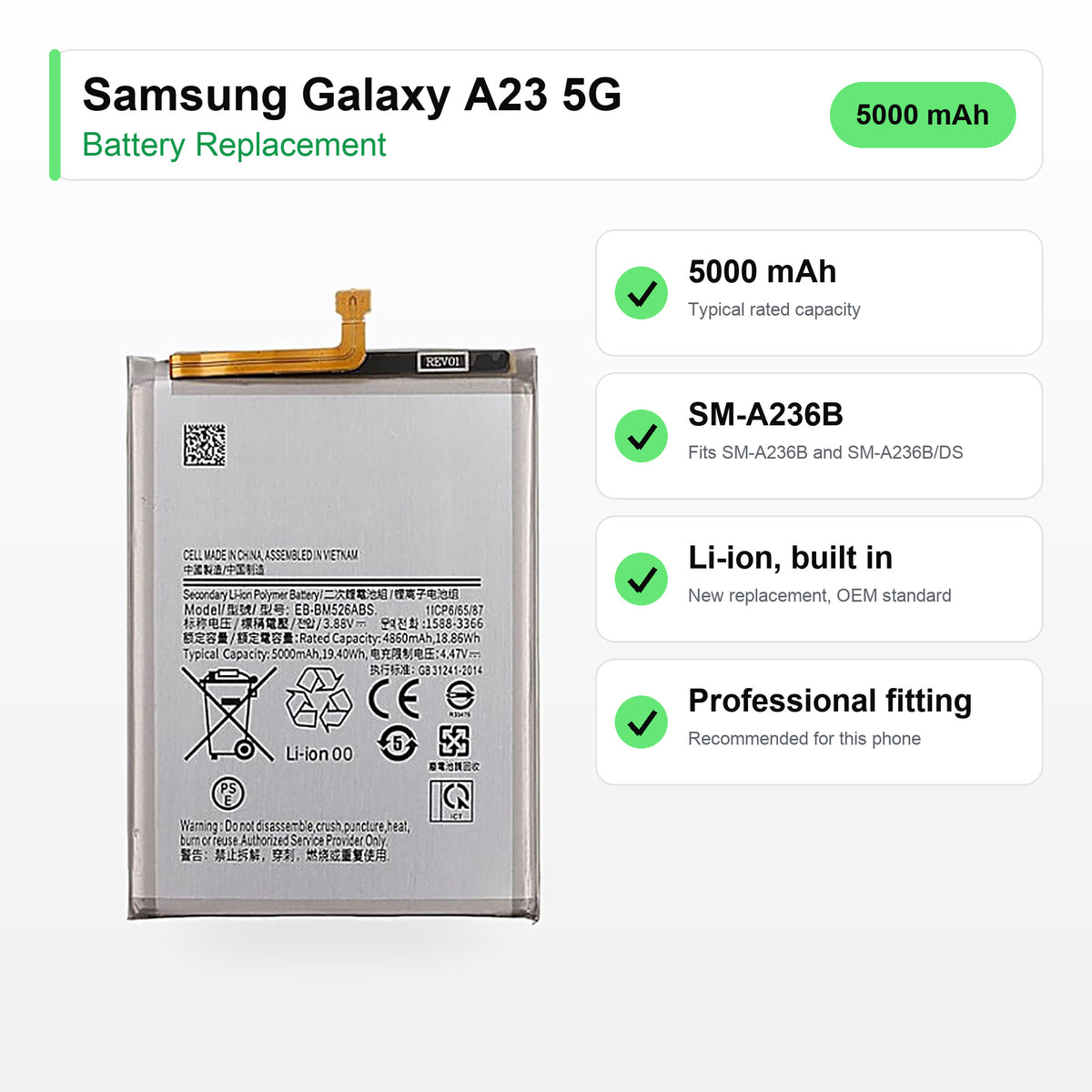 Samsung Galaxy A23 5G battery replacement specs: 5000 mAh, SM-A236B