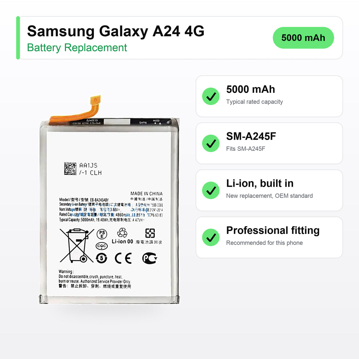 Samsung Galaxy A24 4G battery replacement specs: 5000 mAh, SM-A245F
