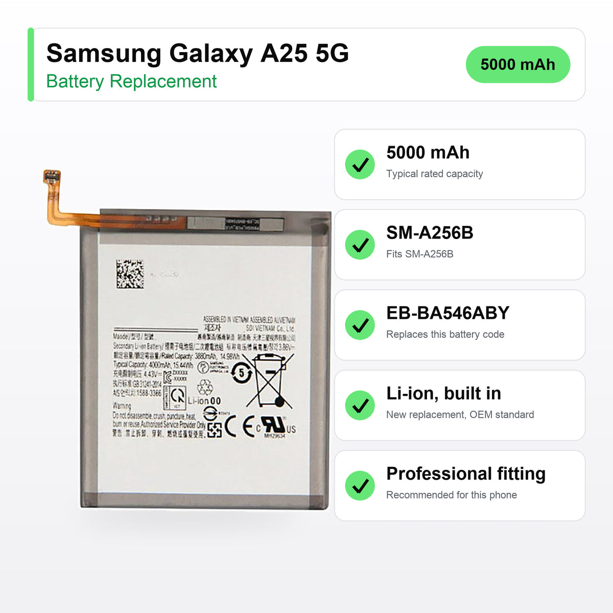 Samsung Galaxy A25 5G battery replacement specs: 5000 mAh, SM-A256B, EB-BA546ABY