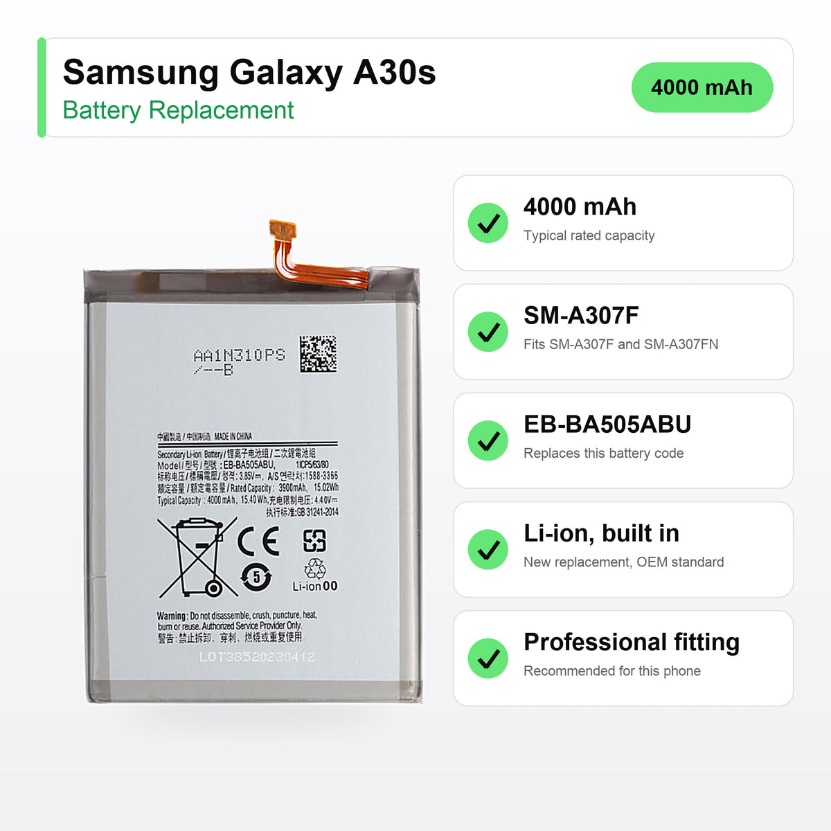 Samsung Galaxy A30s battery replacement specs: 4000 mAh, SM-A307F, EB-BA505ABU