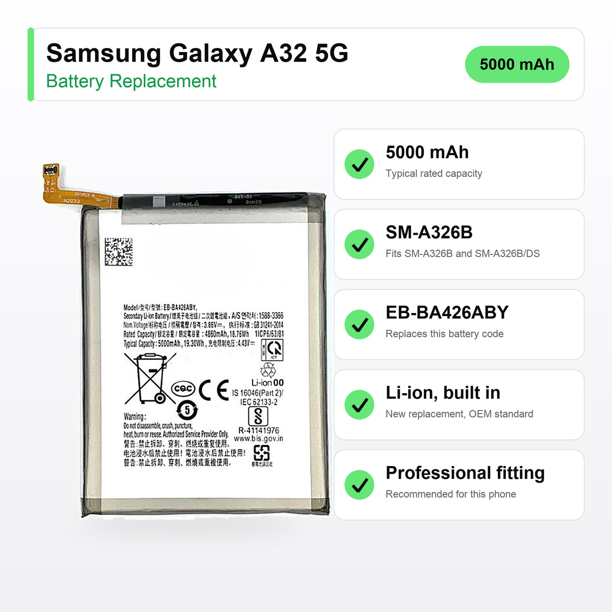 Samsung Galaxy A32 5G battery replacement specs: 5000 mAh, SM-A326B, EB-BA426ABY