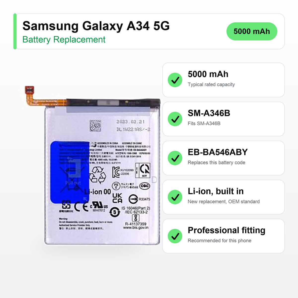 Samsung Galaxy A34 5G battery replacement specs: 5000 mAh, SM-A346B, EB-BA546ABY