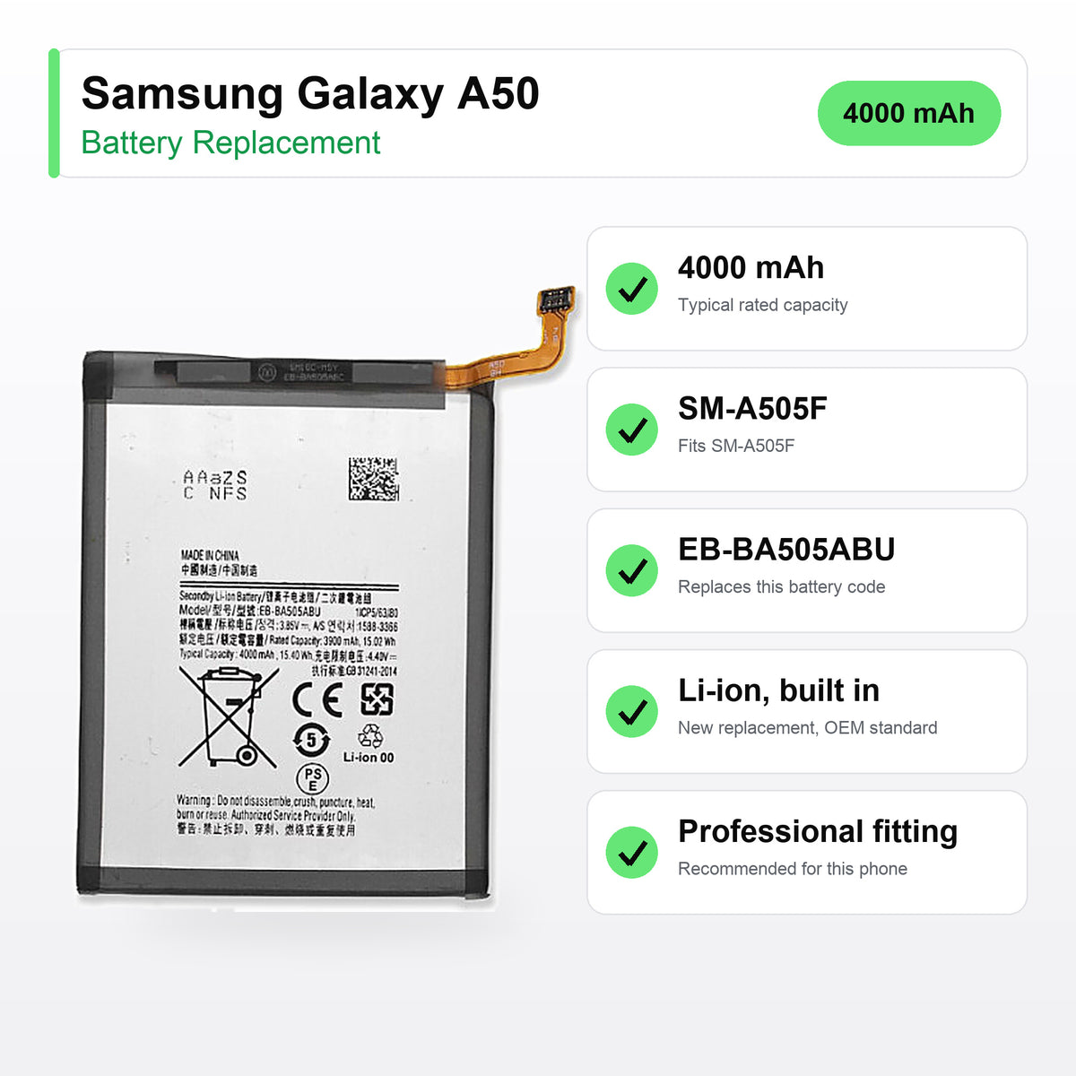 Samsung Galaxy A50 battery replacement specs: 4000 mAh, SM-A505F, EB-BA505ABU
