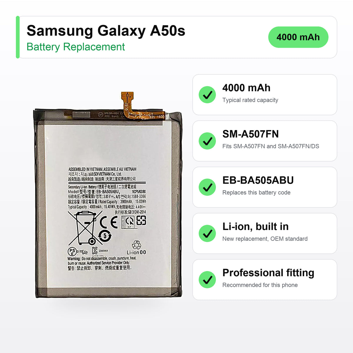 Samsung Galaxy A50s battery replacement specs: 4000 mAh, SM-A507FN, EB-BA505ABU