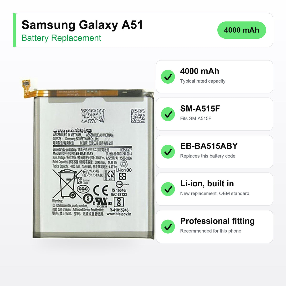 Samsung Galaxy A51 battery replacement specs: 4000 mAh, SM-A515F, EB-BA515ABY