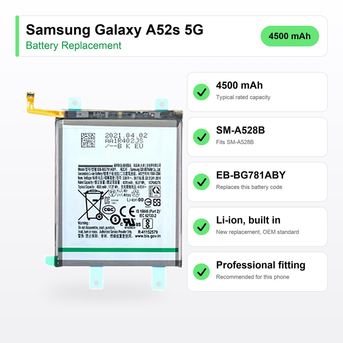 Samsung Galaxy A52s 5G battery replacement specs: 4500 mAh, SM-A528B, EB-BG781ABY