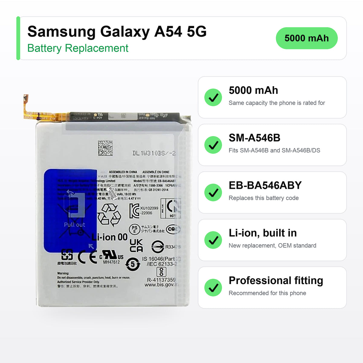 Samsung A54 5G battery replacement specs: 5000 mAh, SM-A546B, EB-BA546ABY