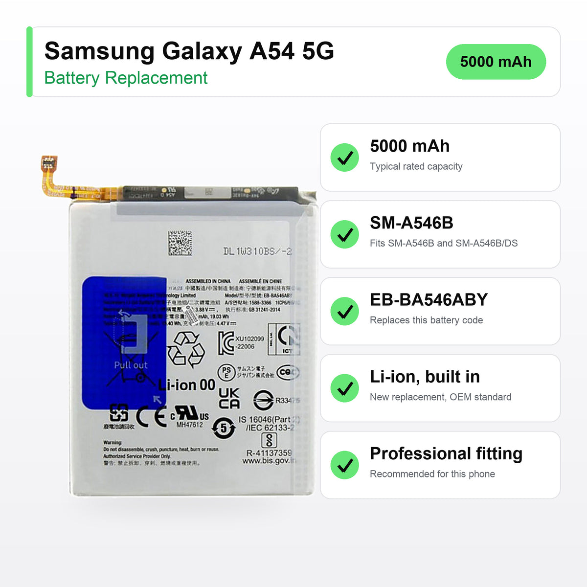 Samsung Galaxy A54 5G battery replacement specs: 5000 mAh, SM-A546B, EB-BA546ABY